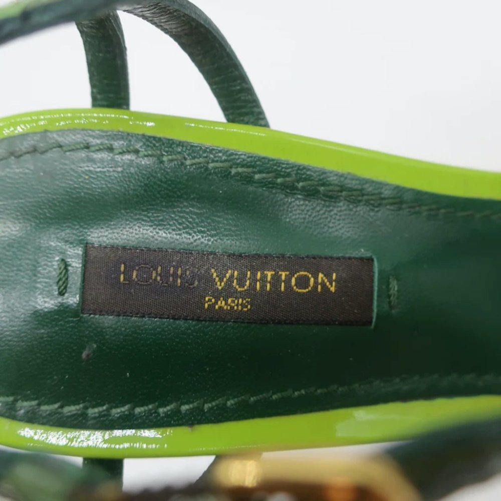 Louis Vuitton Summertime Cork Wedge Sandals Green Patent Leather Size 37.5 - Picture 9 of 12